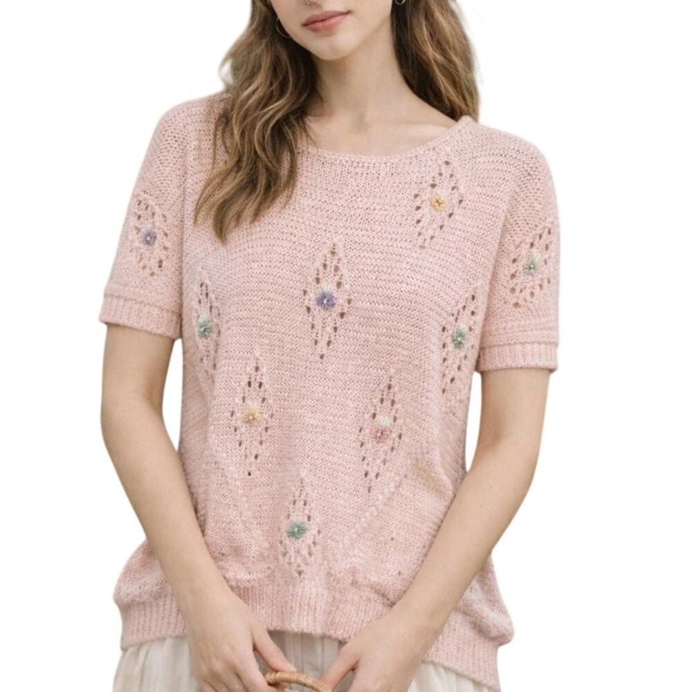 Vintage Women's Sweater Short Sleeve Pink Floral Size S Grandmacore cottagecore